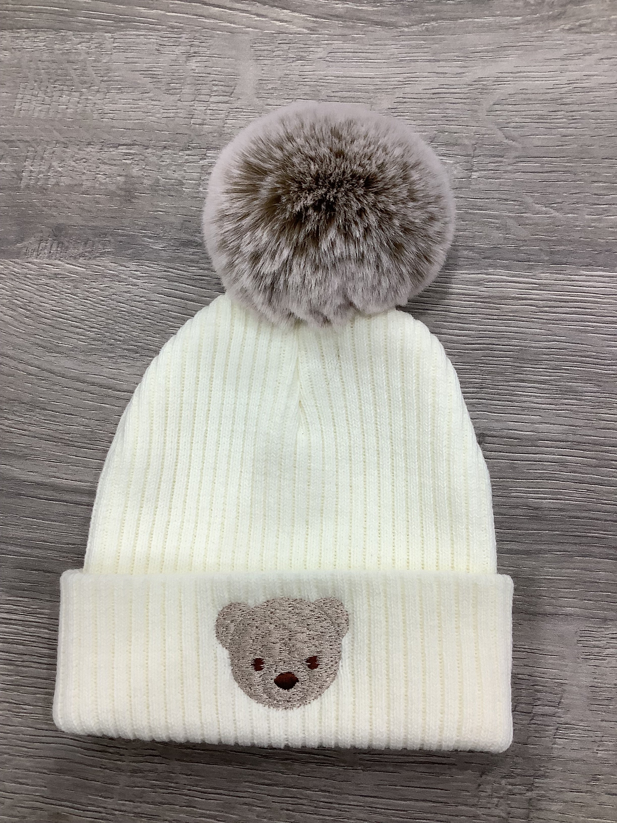 Size 2 single turn up fur pom pom Hat Cream Bear 6 - 12 Months