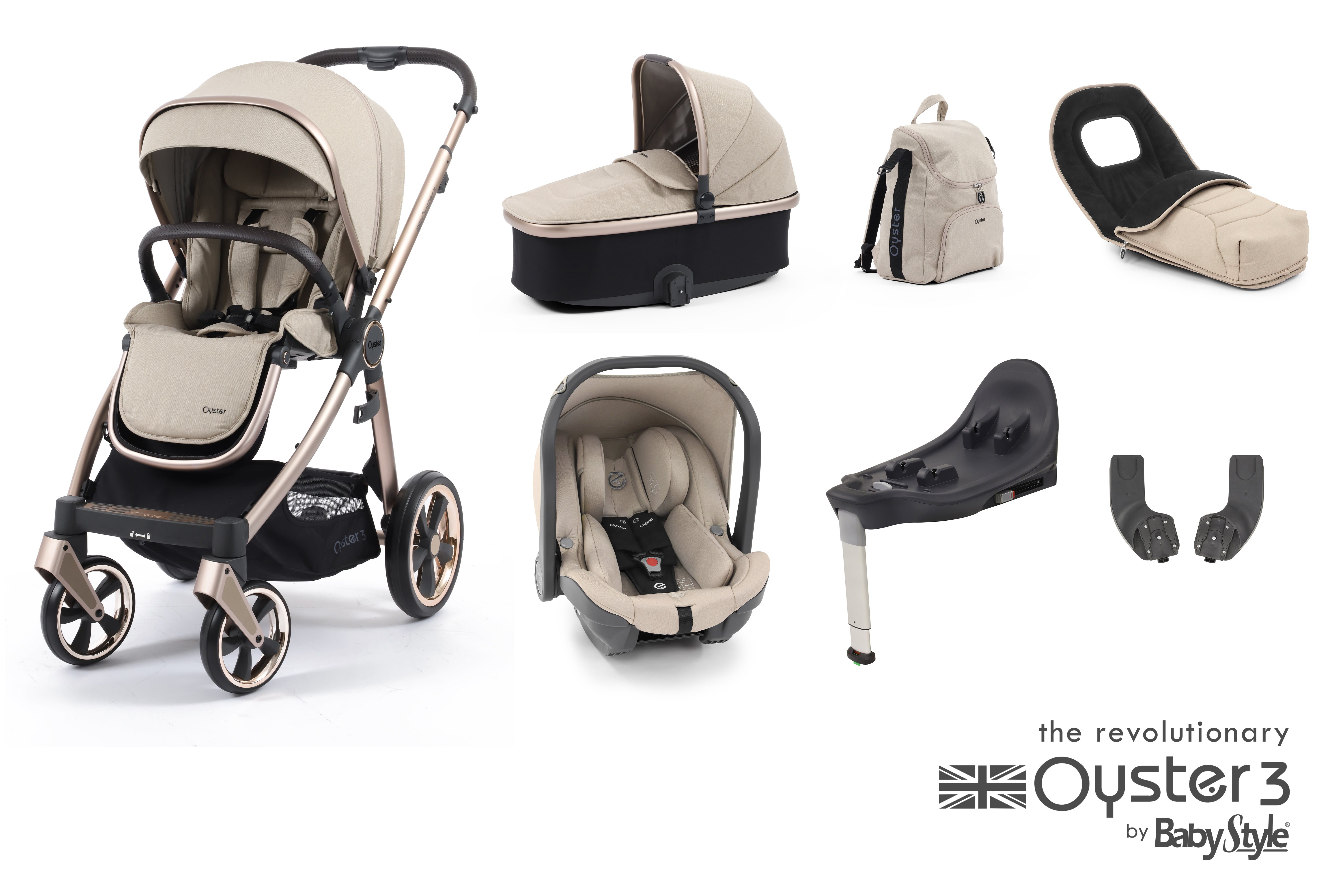 BabyStyle Oyster 3 Champagne Chassis 7 Piece Luxury Travel System - Creme Brulee