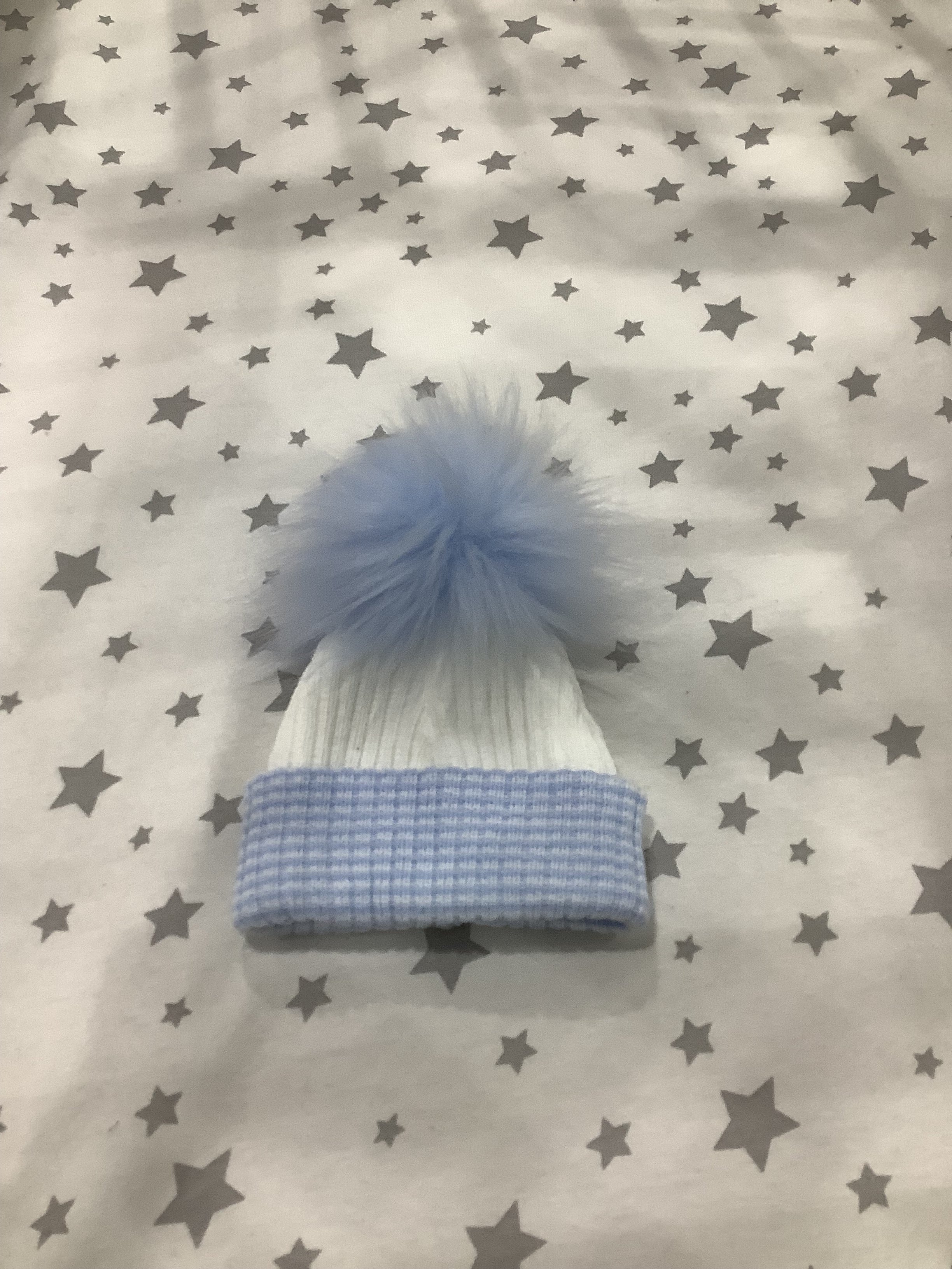 1st Size stripe turn up 1 fur pom pom Hat Blue/White
