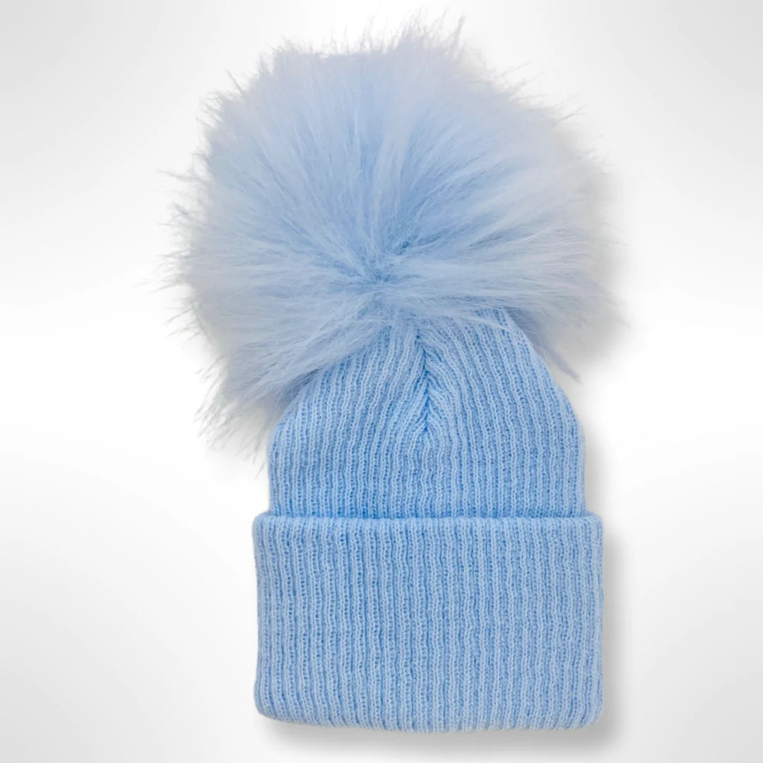 Size 2 Size Single turn up fur pom pom Hat Blue 6 - 12 Months
