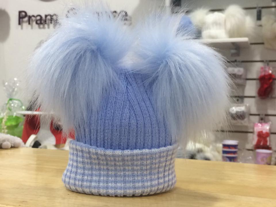 1st Size stripe turn up 2 fur pom pom Hat blue