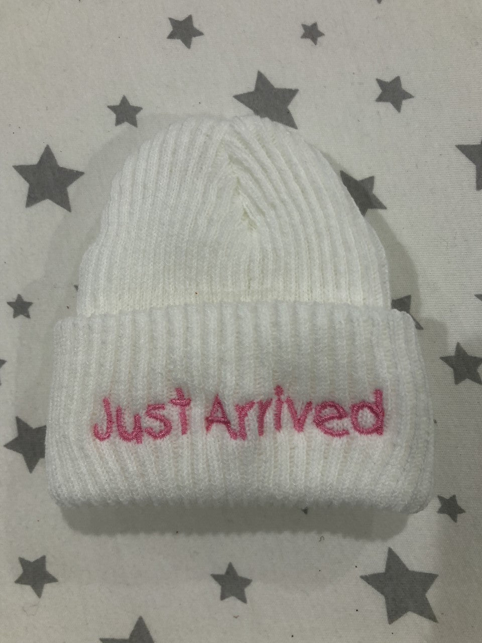 'Just Arrived' New Born Hat Pink White