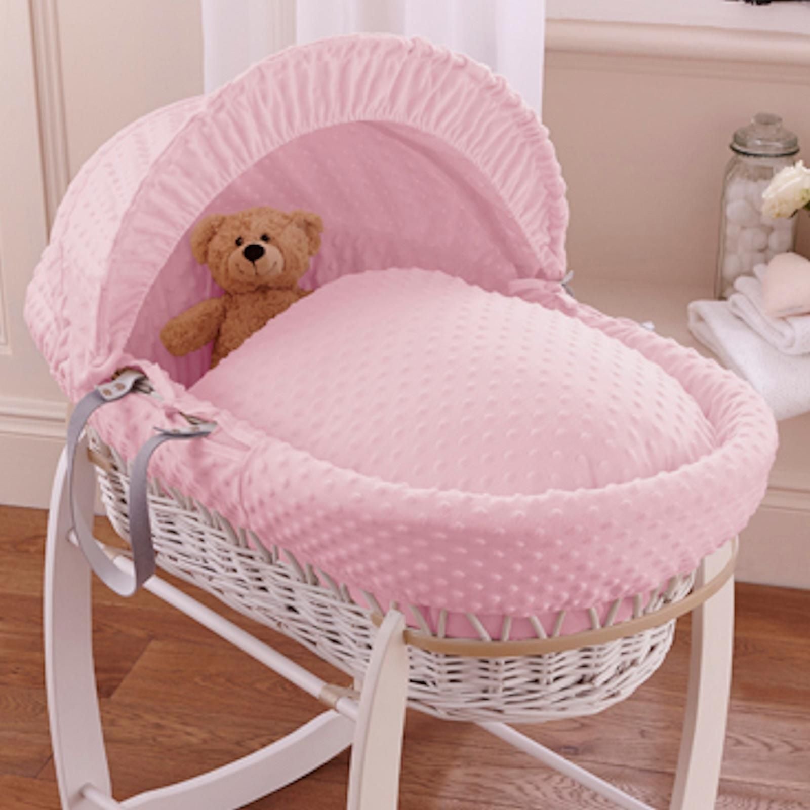 Clair de Lune White wicker Moses Basket Pink dimples - Click & Collect Only