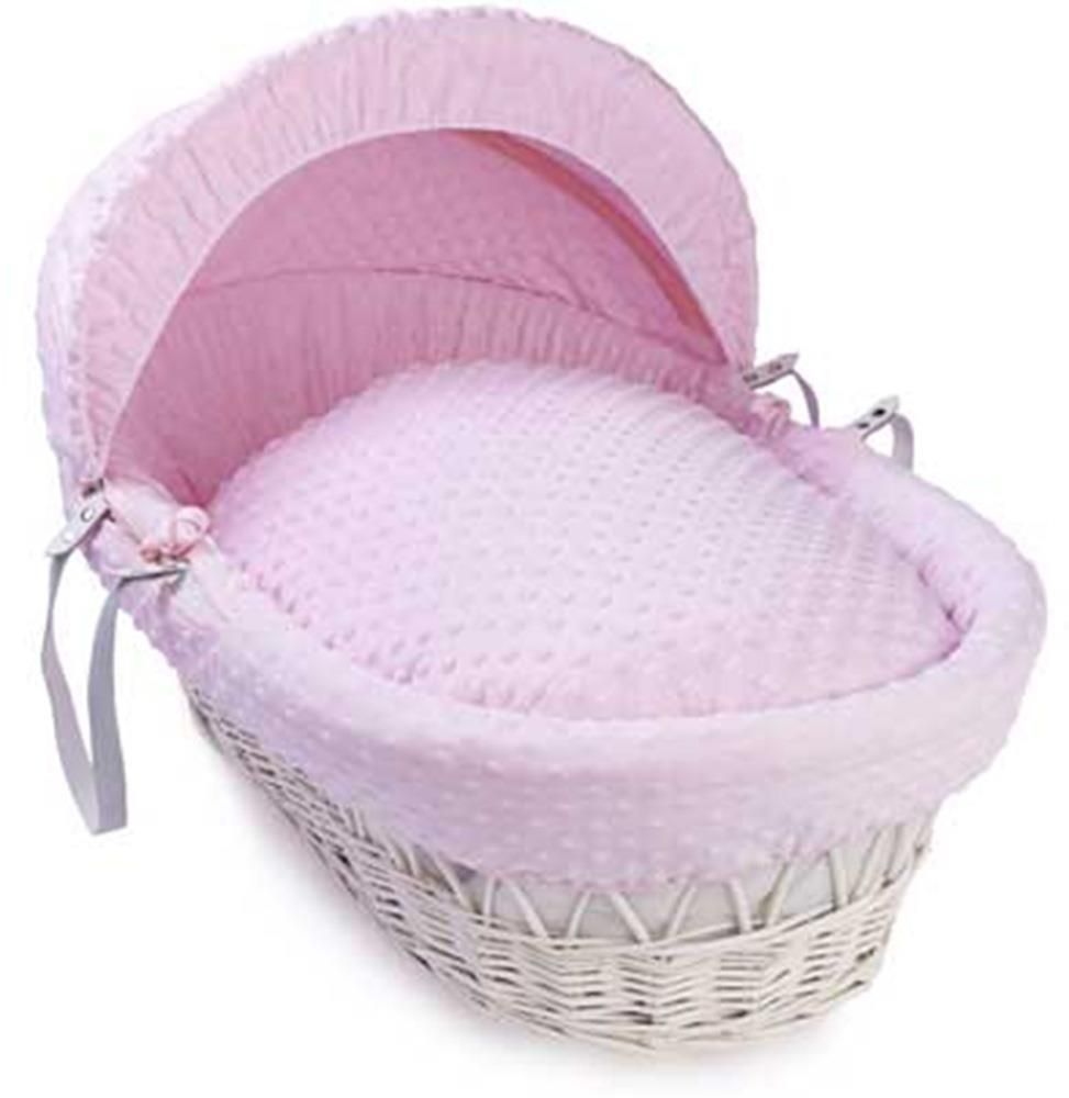 Clair de Lune White wicker Moses Basket Pink dimples - Click & Collect Only