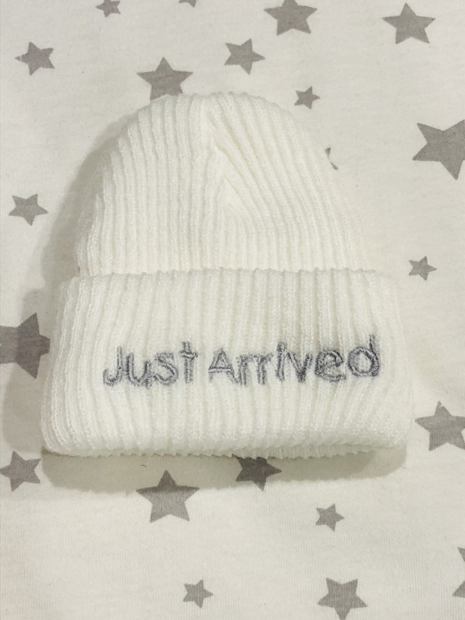 'Just Arrived' New Born Hat White