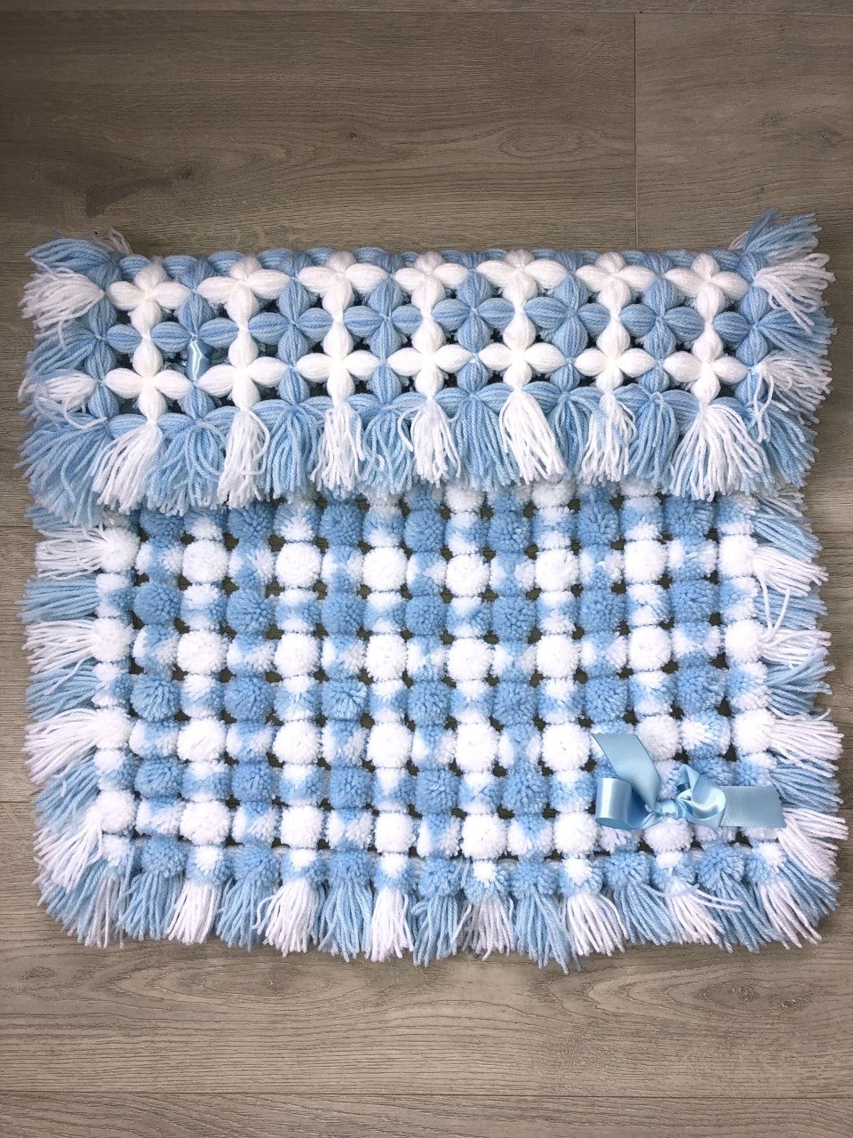 Hand Knitted Pram Blanket Blue/White