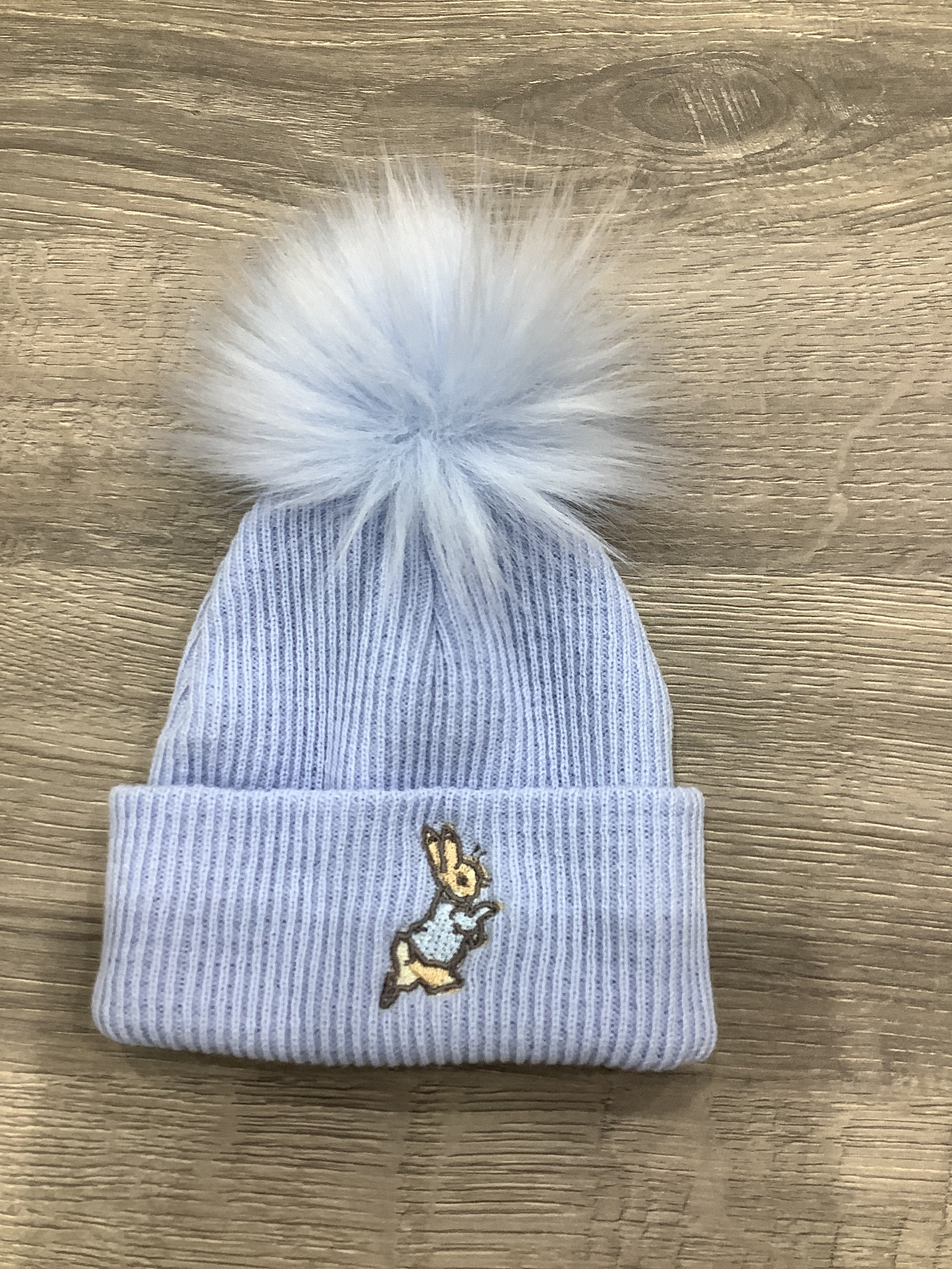 Size 2 single turn up fur pom pom Hat Blue  Peter Rabbit 6 - 12 Months
