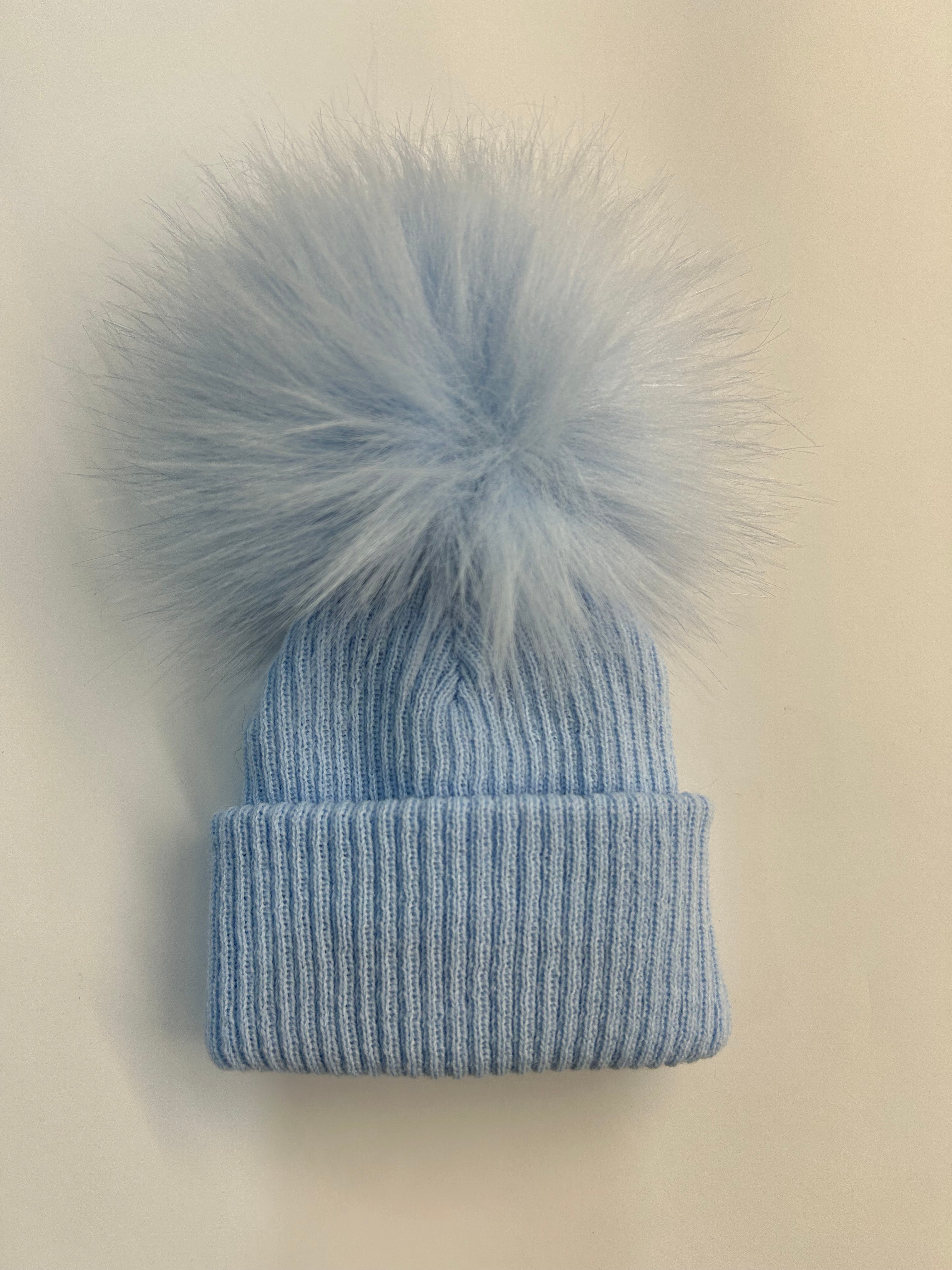 1st Size stripe turn up 1 fur pom pom Hat Blue