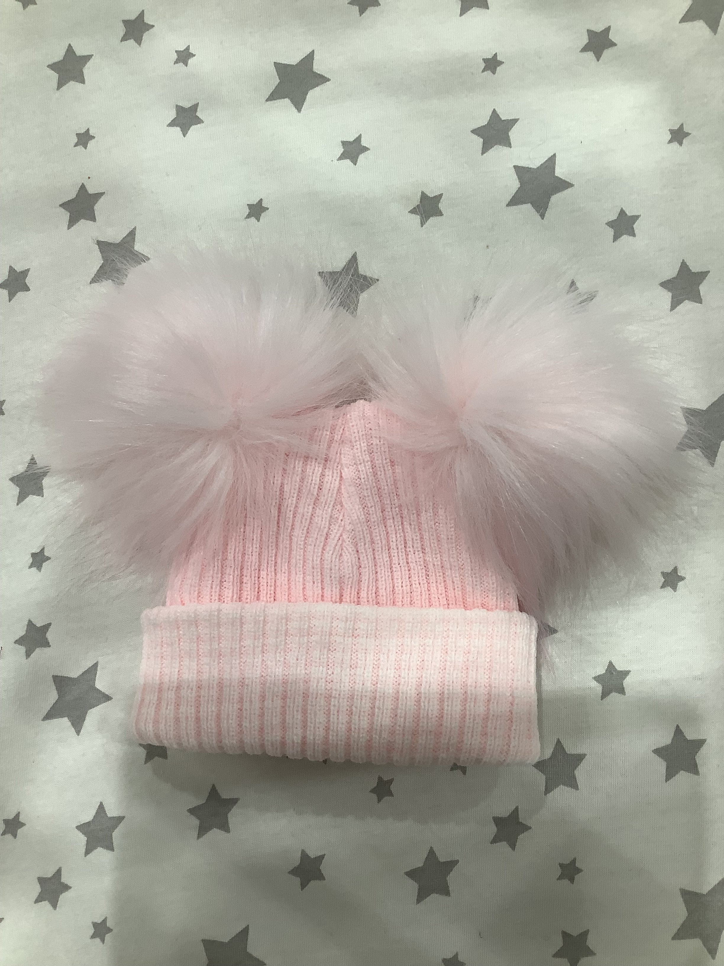 1st Size stripe turn up 2 fur pom pom Hat Pink