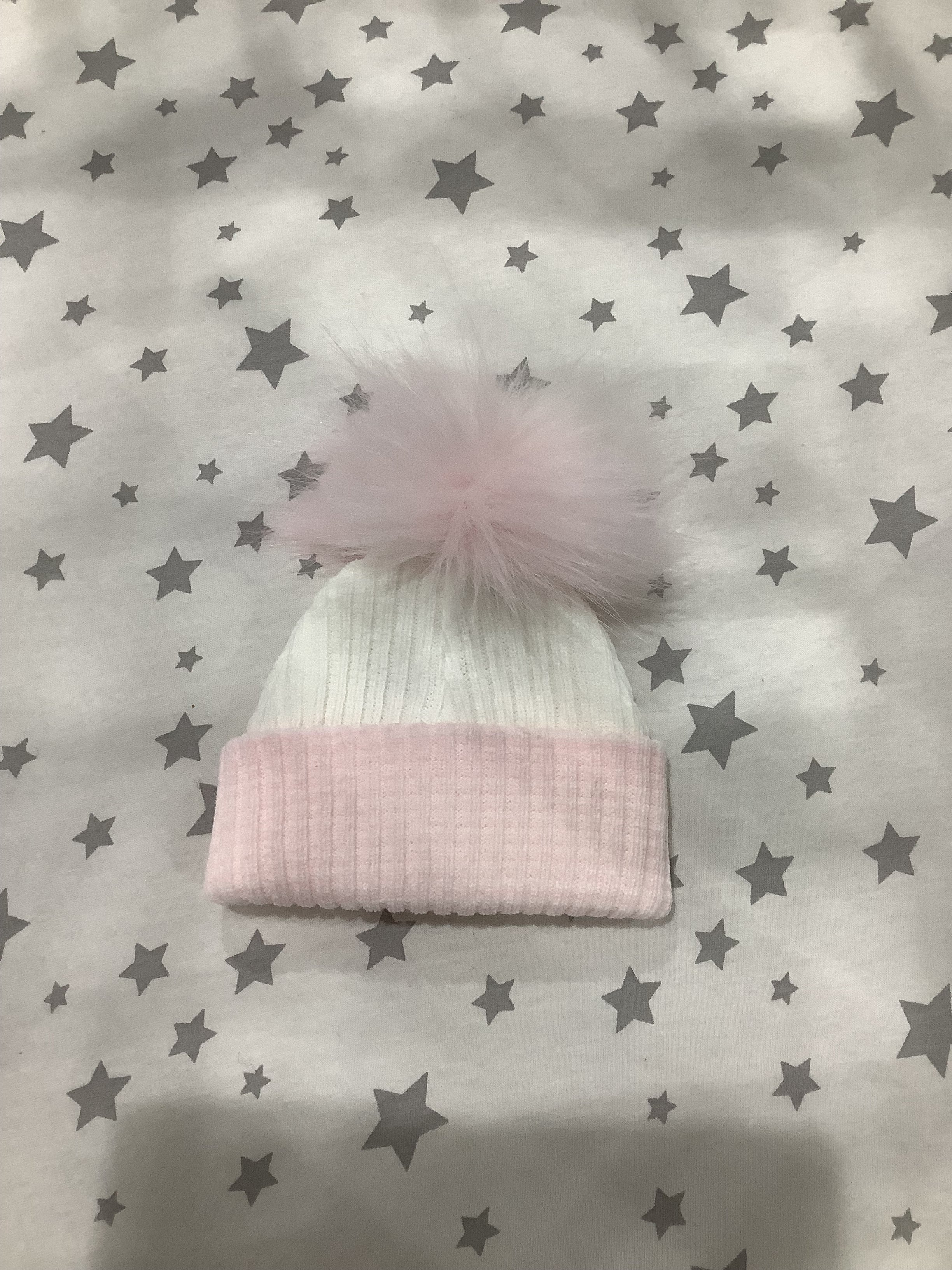 1st Size stripe turn up 1 fur pom pom Hat Pink/White