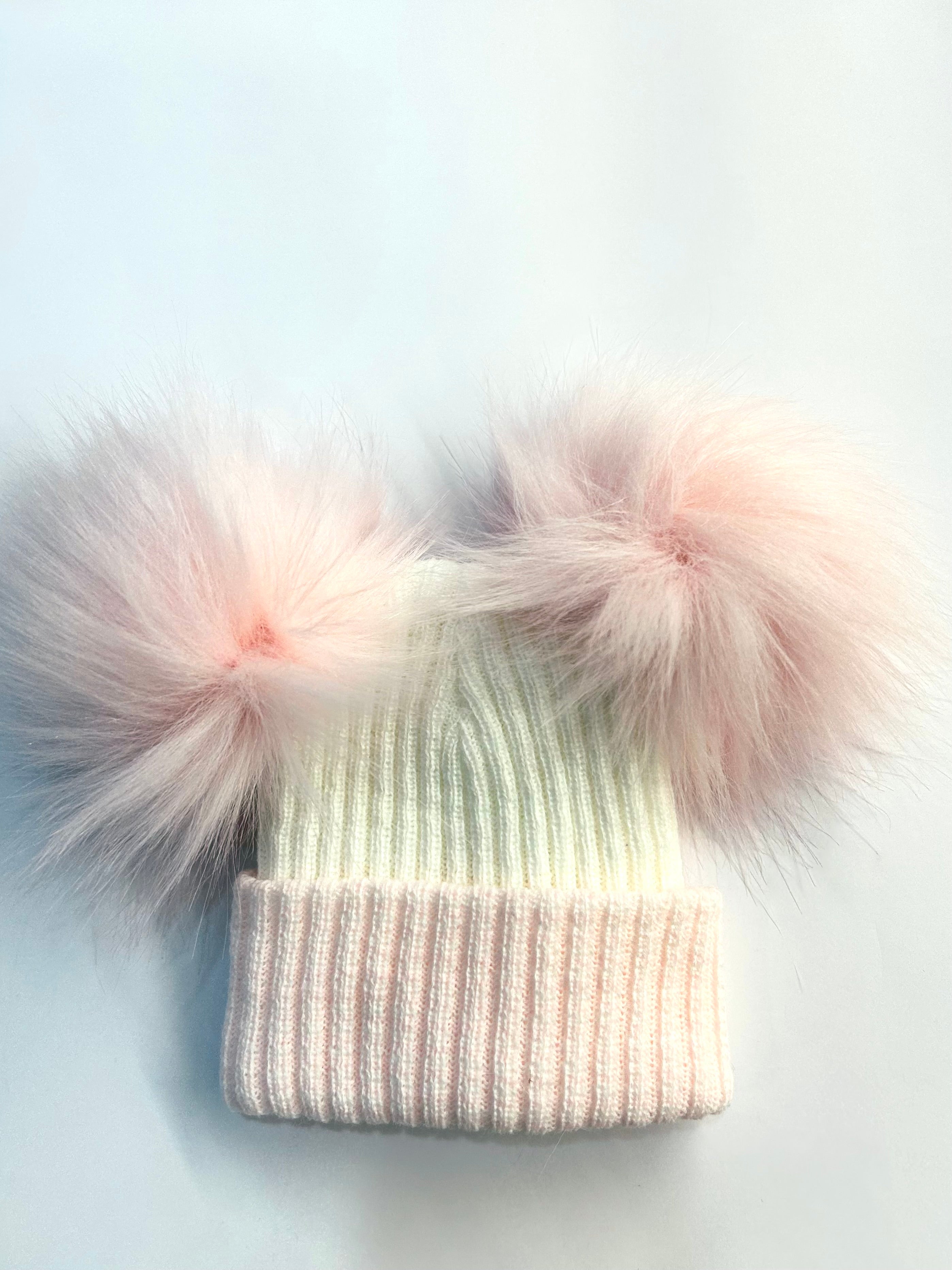 1st Size stripe turn up Double Pom Hat Pink