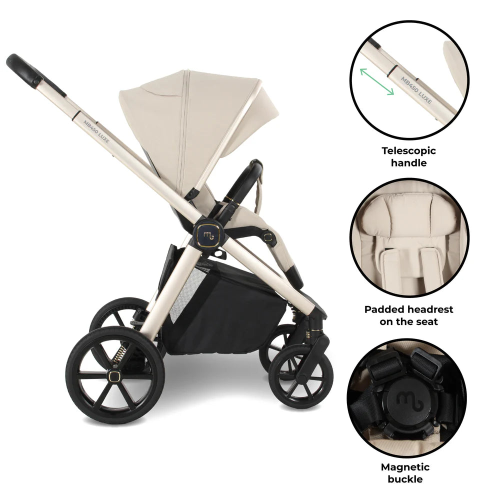 My Babiie 450 LUXE 3-in-1 Travel System with Rotating Car Seat & Toddler Seat + Base - Feather - Pre Order