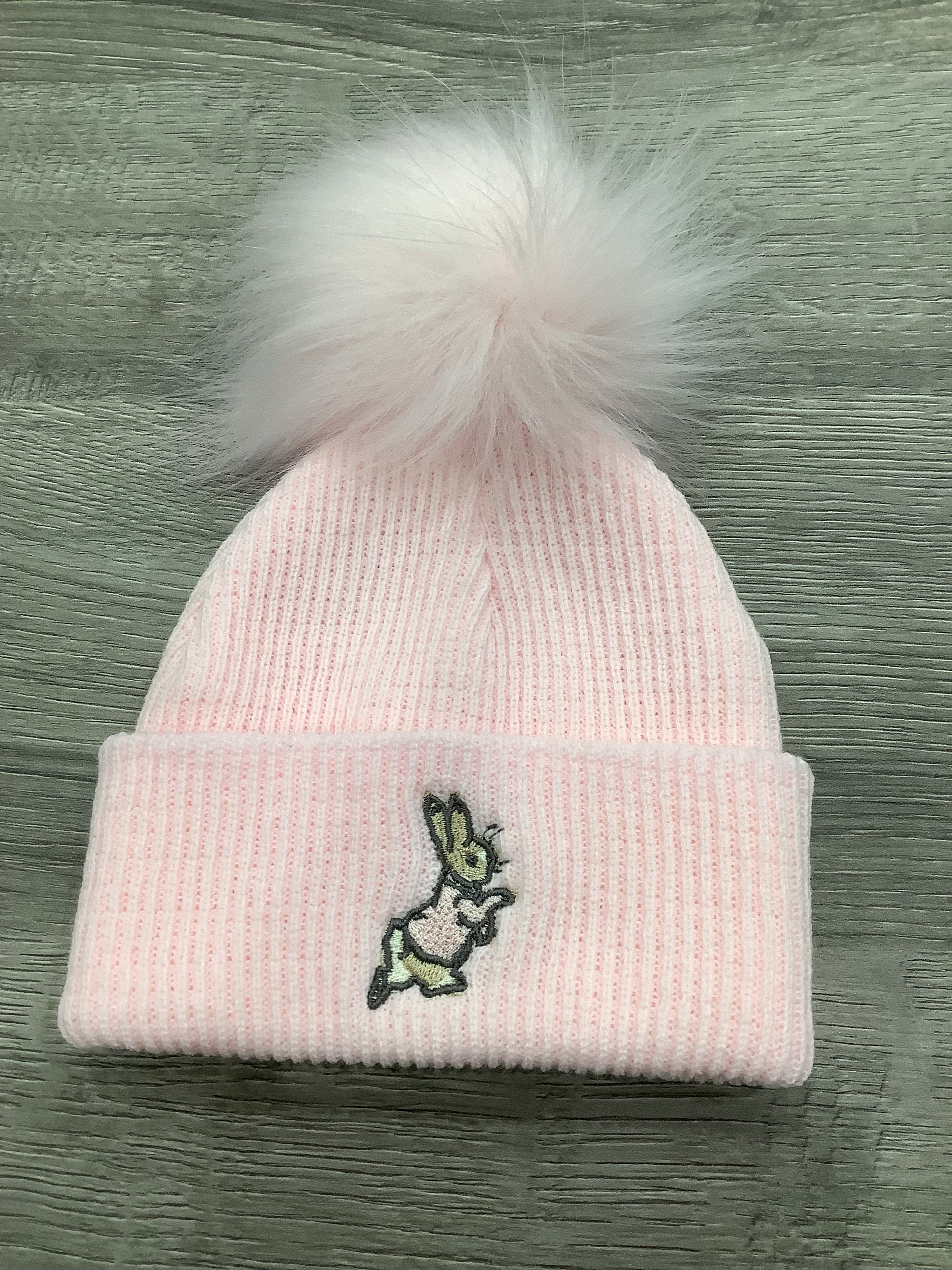 Size 2 single turn up fur pom pom Hat Pink Peter Rabbit 6 - 12 Months