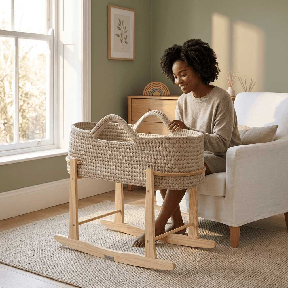 Clair de Lune Crochet Moses Basket With Stand - Champagne