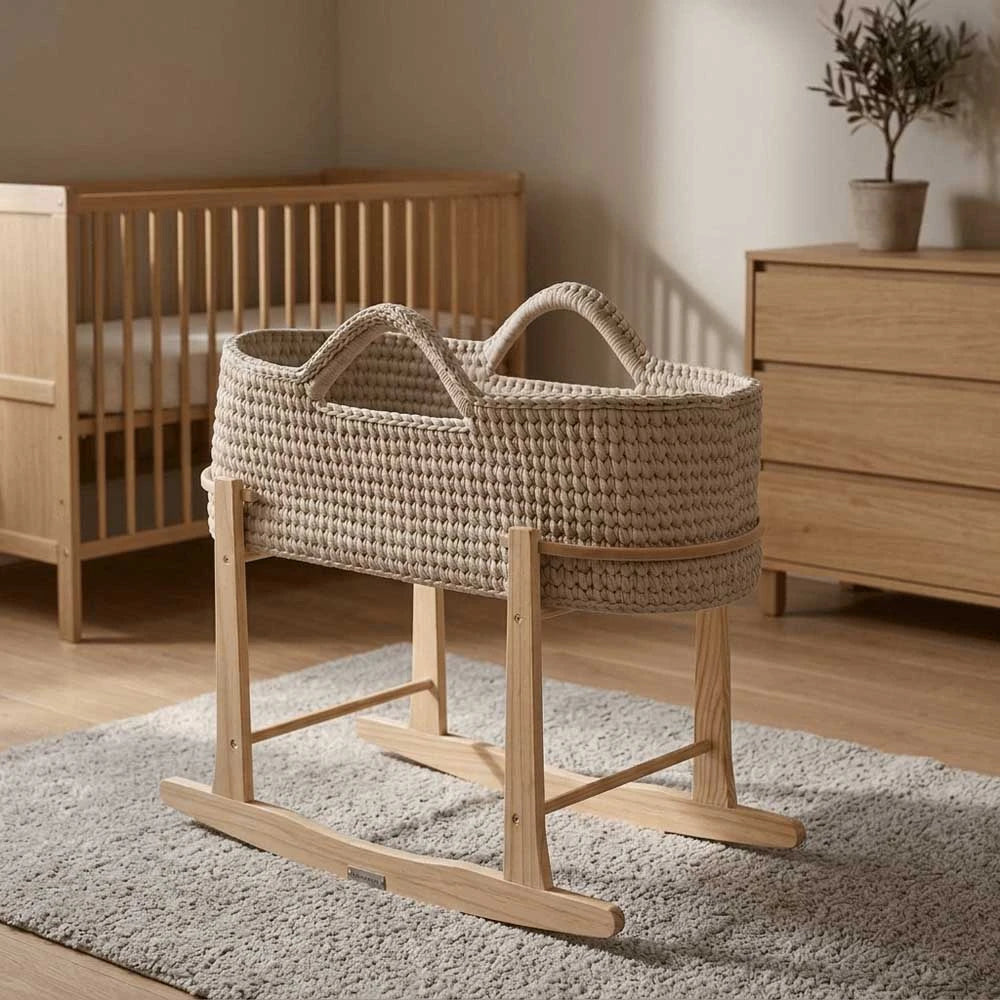 Clair de Lune Crochet Moses Basket With Stand - Champagne