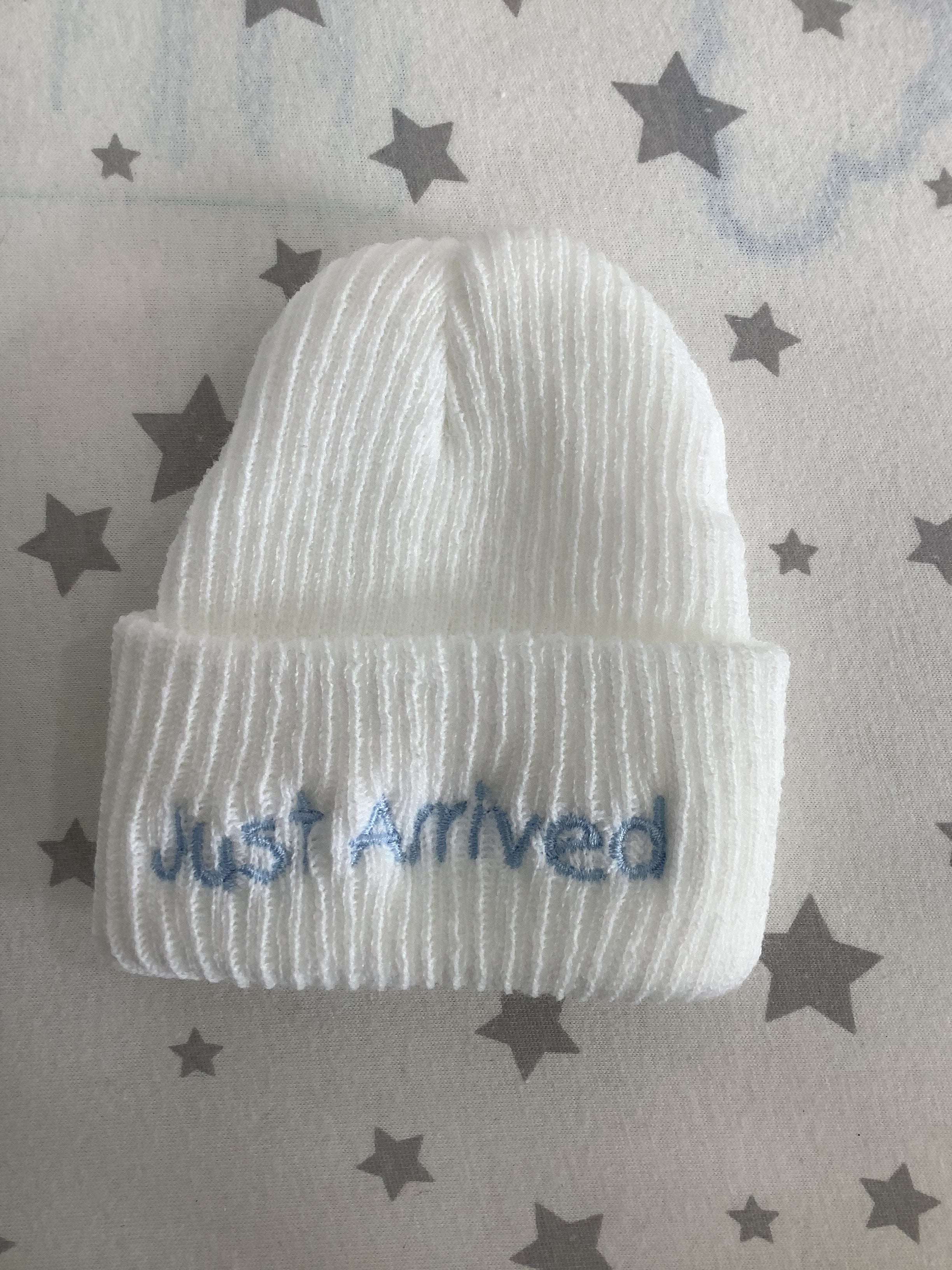 'Just Arrived' New Born Hat Blue White