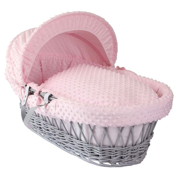Clair De Lune Grey Wicker Moses Basket Pink Dimples - Click & Collect Only