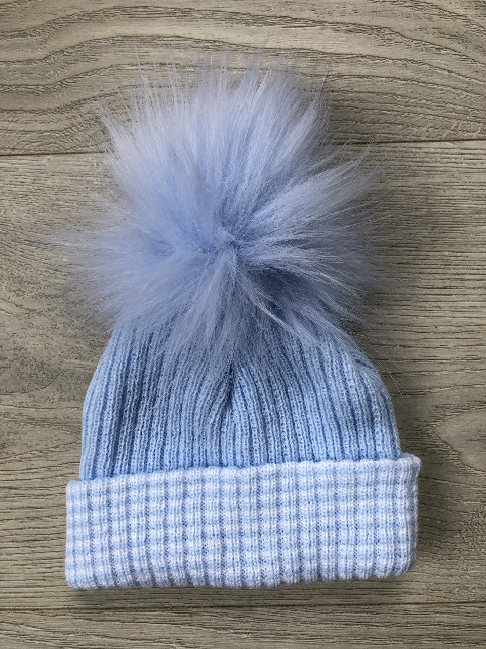 1st Size stripe turn up fur pom pom Hat Blue