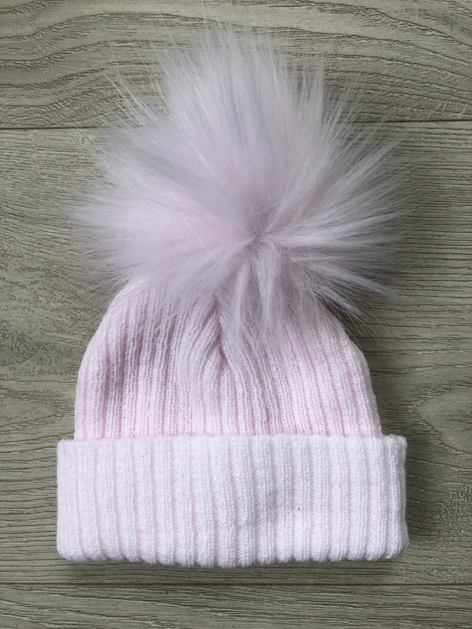 1st Size stripe turn up fur pom pom Hat Soft Pink