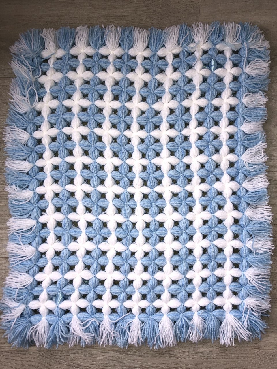Hand Knitted Pram Blanket Blue/White