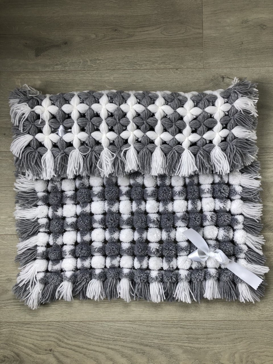 Hand Knitted Pram Blanket Grey/White