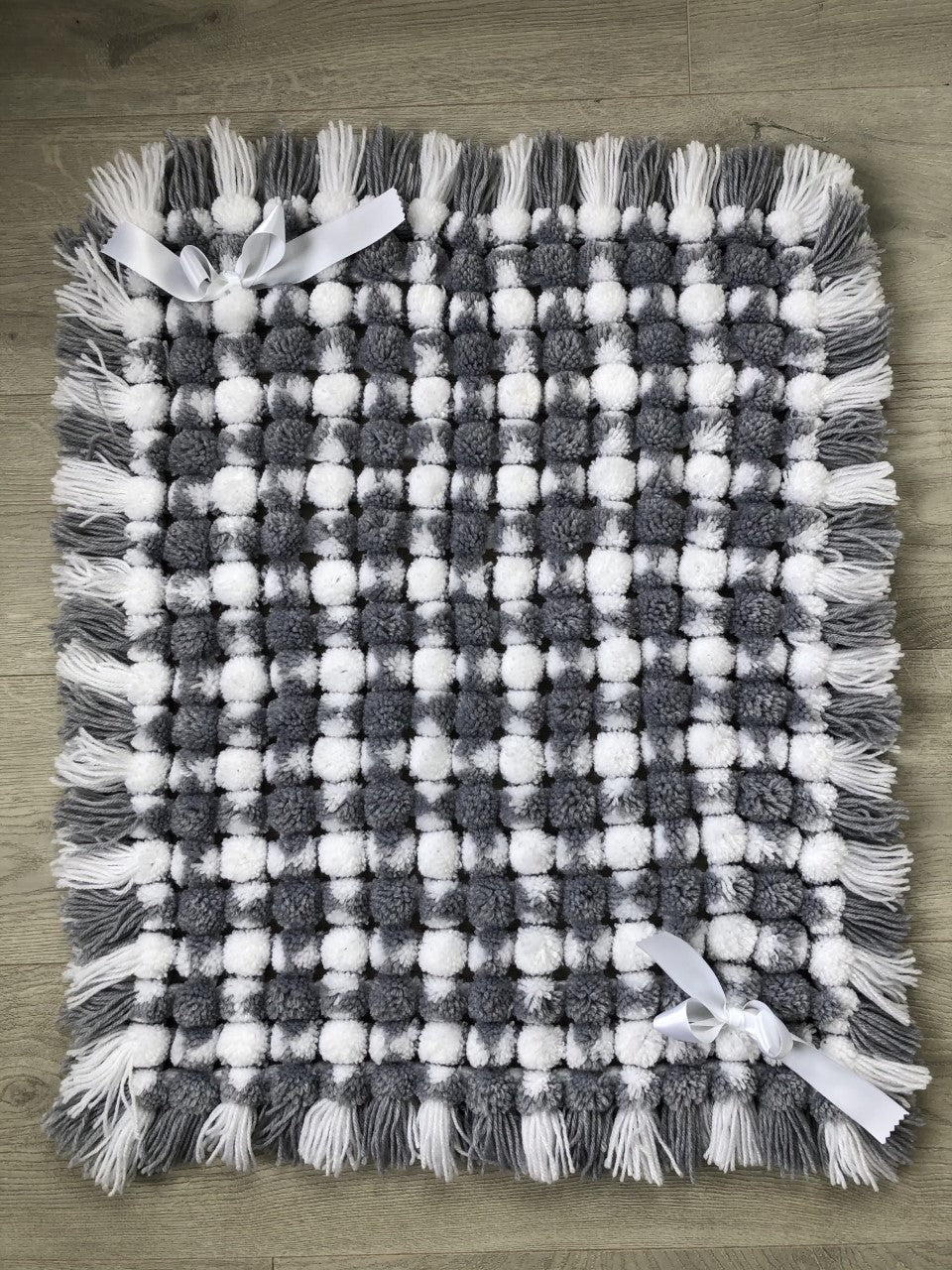 Hand Knitted Pram Blanket Grey/White
