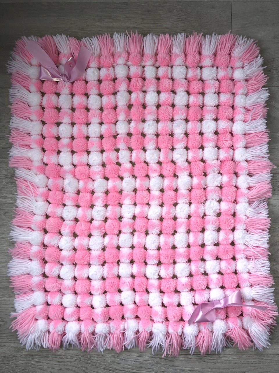 Hand Knitted Baby Blanket Pink/White
