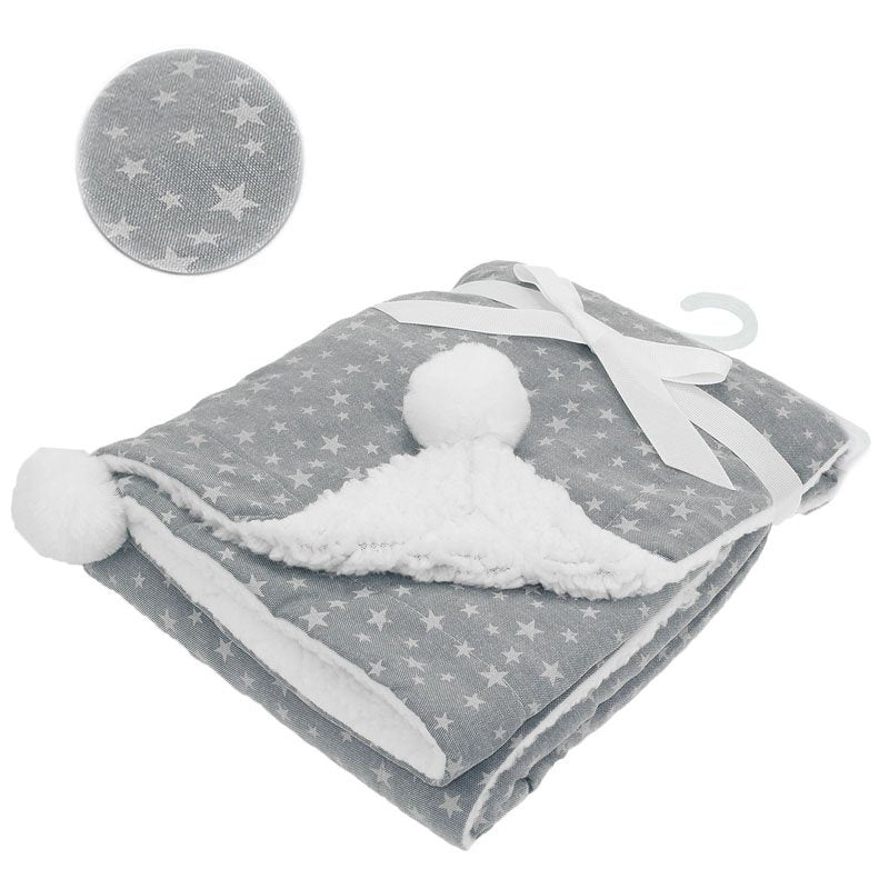 Cable Knit Grey Star Baby Blanket With Pom Poms